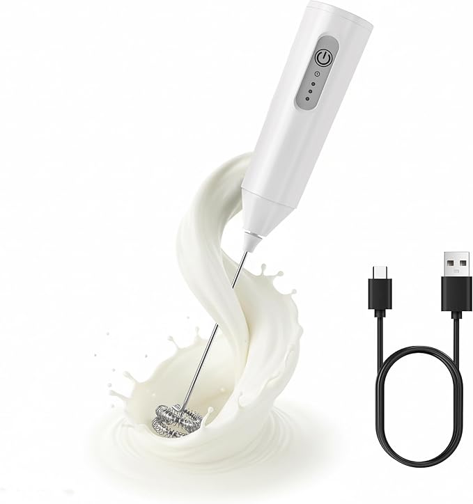 Puraville Rechargeable Milk Frother Handheld, 3 Speeds Electric Whisk Drink Mixer with Stand, Type-C Charging BPA Free for Coffee, Latte, Cappuccino, Egg, Cream, White