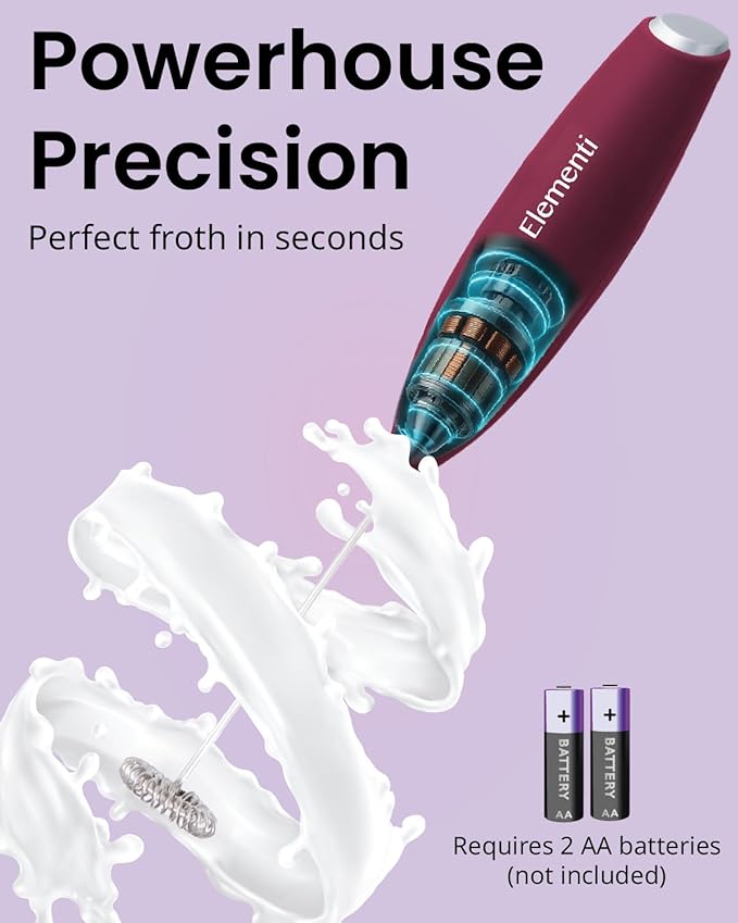 Elementi Drink Mixer Handheld - Electric Stirrer and Powerful Protein Powder Mixer Wand, Easy-to-Use Mini Frother Wand for Quick Delicious Cocktails, Milk Frother and Coffee Stirrers (Burgundy)
