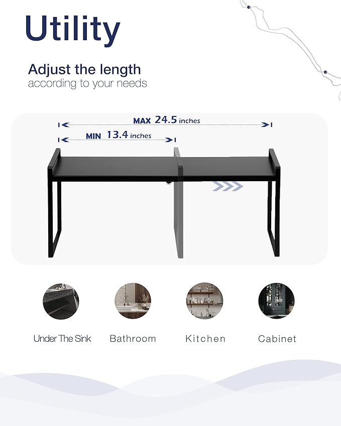 Nxconsu Cabinet Shelf Organizer Expandable, 10.3 Inch Deep Adjustable 13 to 24 Inch Metal Shelf Riser for Kitchen Pantry Cupboard Countertop Under Sink, Heavy Duty Stackable Storage Rack, Black