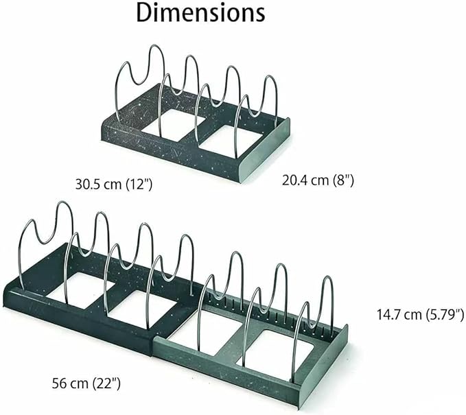 OMIO Expandable Pot Lid Organizer Rack for Under Cabinet, Adjustable 12"-22" Kitchen Storage with 7 Steel Dividers, Scratch-Resistant ABS Base for Pans, Cutting Boards, Bakeware, Grey