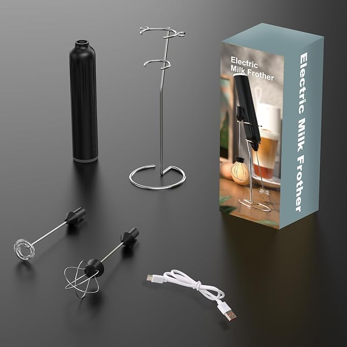 Mulli Rechargeable Milk Frother & Stand Set - 3-Speed Handheld Electric Frother Whisk for Coffee, Latte, Cappuccino, Matcha, Hot Chocolate & Frappe