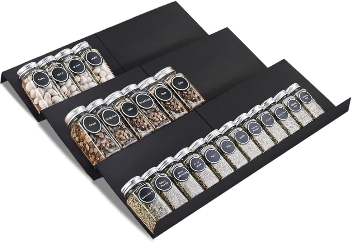 Expandable Spice Drawer Rack Organizer Insert for Kitchen Cabinet - Multi Tier Adjustable Spice Storage Shelf for Seasoning and Jar, Pack of 6