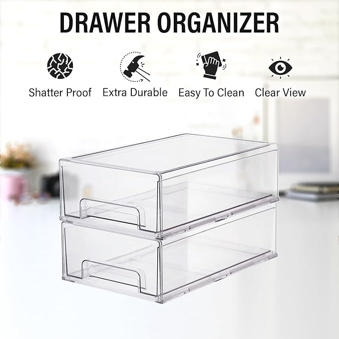 ShelfShaper Clear Plastic Storage Drawer Organizer Bins, Perfect for Kitchen Organization or Pantry Organization and Storage, Fridge Drawer Organizer Bins, Pantry Storage and Organization Bins
