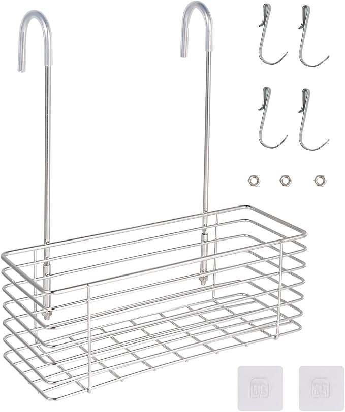Antrader Hanging Shower Rack,Shower Caddy Hanging,Hung on the Faucet or the Door,the Back Hook Can be Rotated,No Drilling,304 Stainless Steel,Single Layer Shelf