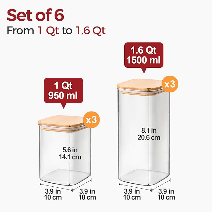 6-Pack Square Glass Pantry Storage Containers with Lids, Airtight Stackable Pantry Organization and Storage Set (1.6 Qt/1 Qt) for Snacks, Cereal & Coffee