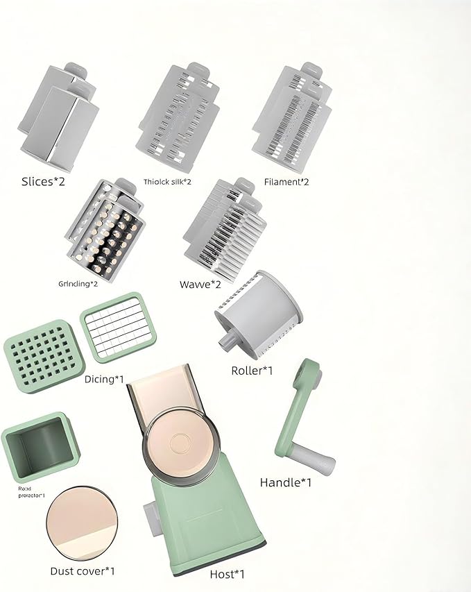 Rotary Cheese Grater and Shredder | Vegetable Chopper and Slicer | 8 Blades Manual Food Cutter | Multi-Function Grater | White
