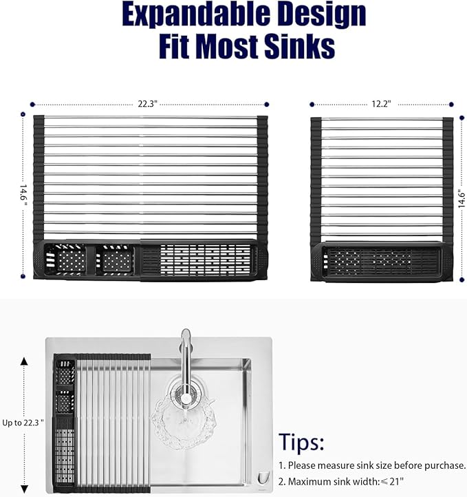 Roll Up Dish Drying Rack,Expandable Over The Sink Dish Drainer,Stainless Steel Kitchen Rolling Sink Rack with Utensil Holder,Length Up to 22.3" (Black)