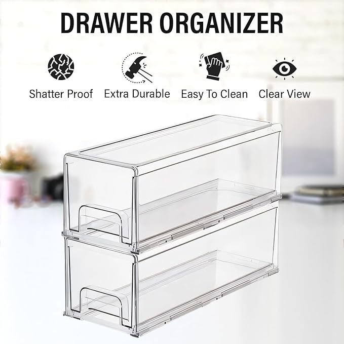 Clear Plastic Stackable Storage Drawers Bins, Perfect for Kitchen Pantry Organization and Storage, Under Sink Organizer, Pull Out Cabinet Organizer, Makeup, Bathroom Storage Containers for Organizing