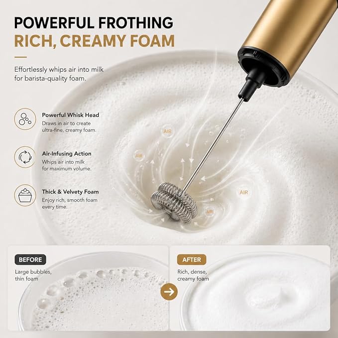 Rechargeable Electric Milk Frother Handheld,2-Speed Travel Frother with Tube Case, Milk Foamer Coffee Frother for Latte, Cappuccino, Drink Mixer with 2 Stainless Whisks and Charger Golden