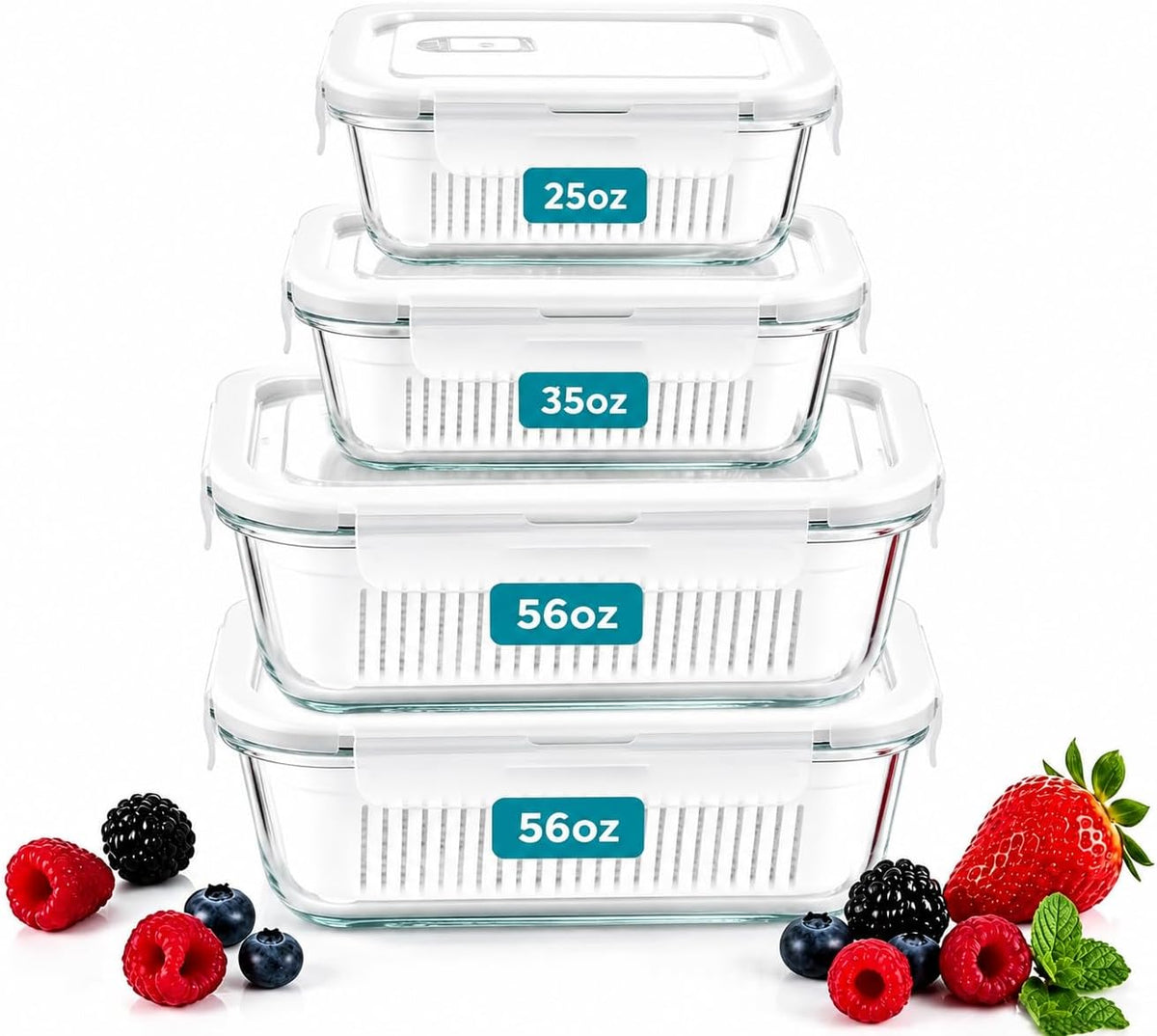 4 Pack Glass Berry storage containers for fridge with Removable Colander and Vent Valve, Fresh fruit Produce Storage Set（white）
