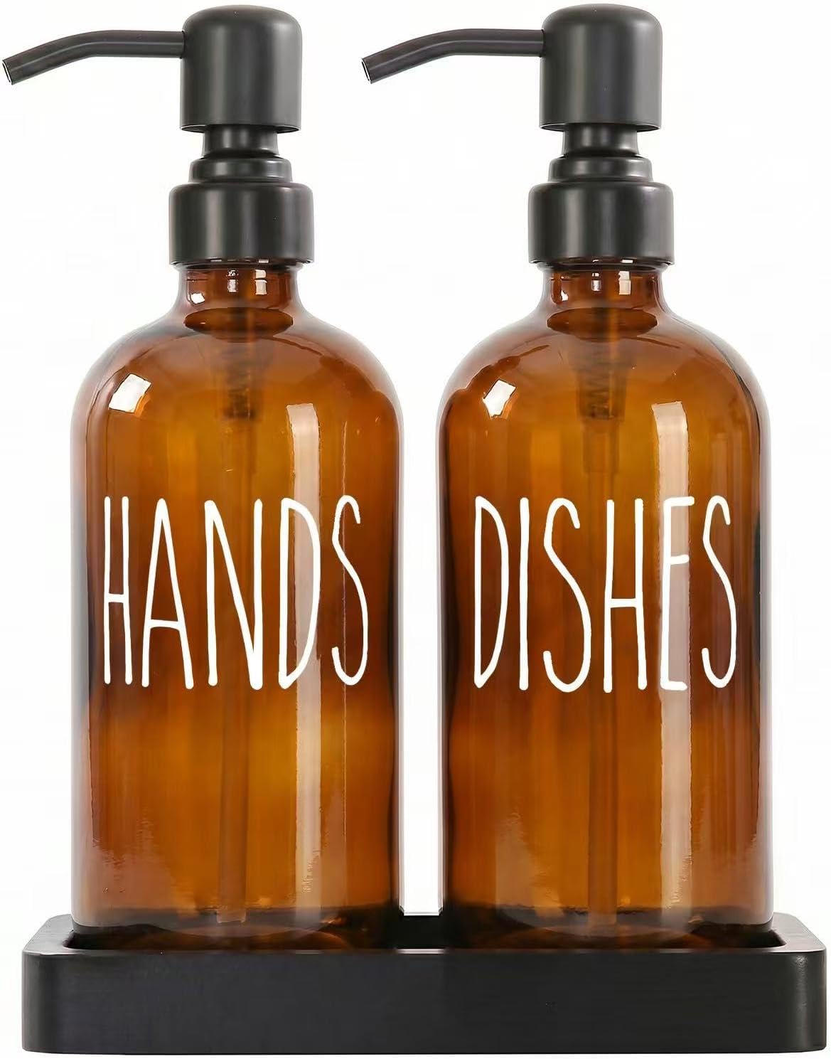 Soap Dispenser Set with Ceramic Tray, Amber & Black