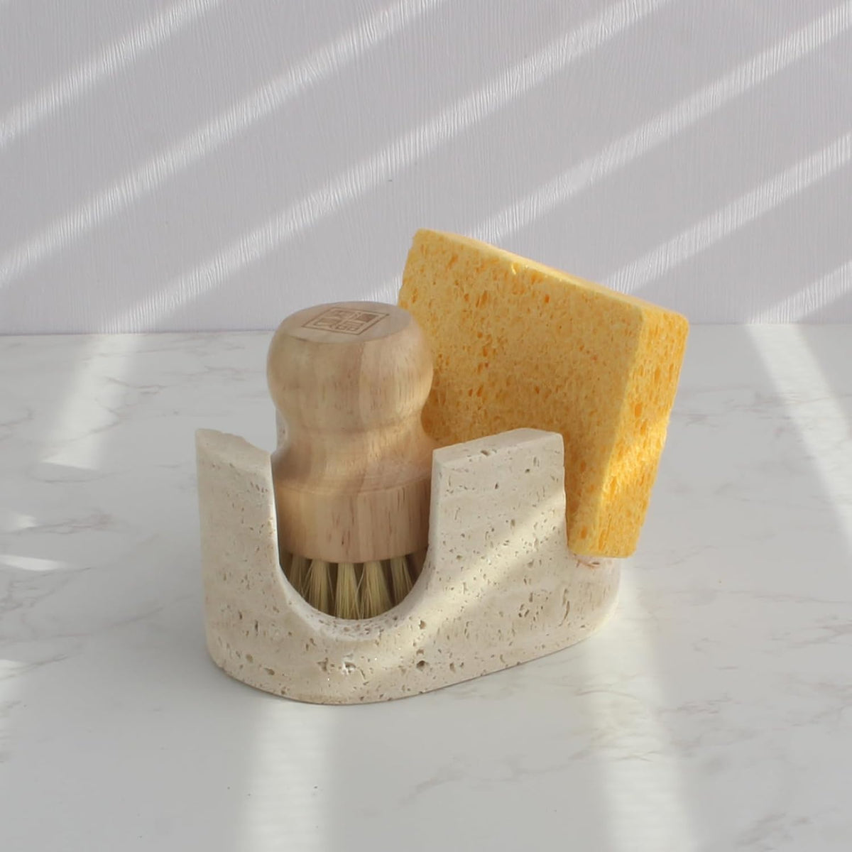 Natural Travertine Marble 2-in-1 Sponge Holder for Kitchen Sink - Heavy Duty Stone Sink Caddy, 2-Slot Scrubber Organizer for Scrub Daddy with Anti-Slip Pads, Housewarming Gift, Beige Travertine