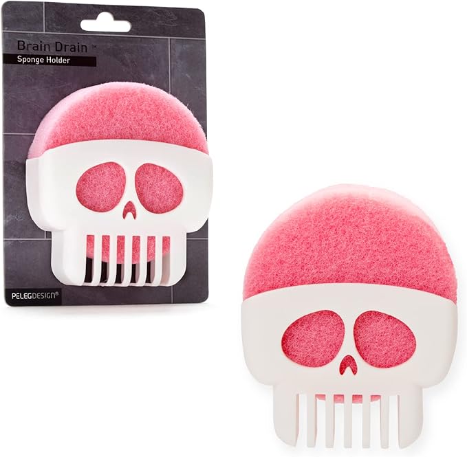 PELEG DESIGN Brain Drain White Skull Sponge Holder for Kitchen, Bath, or Sink, Drains and Dries All Types of Sponges, 1 Sponge Included