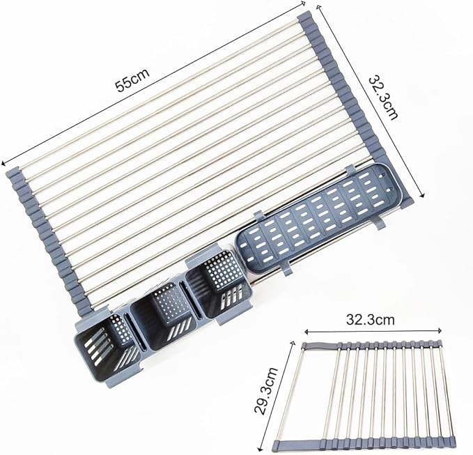 Gabrielline Expandable Roll Up Dish Drying Rack for Kitchen Sink, 21.6” x 12.7” Stainless Steel Over Sink Drying Mat with Utensil Holder & Drip Tray, Space Saving Heavy Duty Kitchen Rack Set