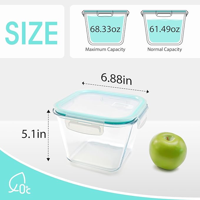 NUTRIUPS 2.0L Large Glass Food Storage Containers,6.8×5in Deep Square Meal Prep Containers, Glass Microwave Bowls with Lids (one piece)