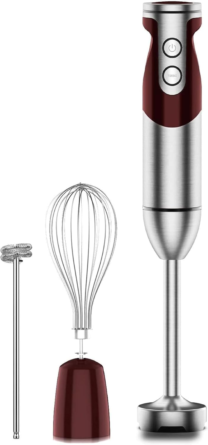 Immersion Hand Blender 3-in-1, 12-Speed Stick Blender with Turbo, Egg Whisk & Milk Frother for Soups, Sauces, Smoothies and Baby Food, Red