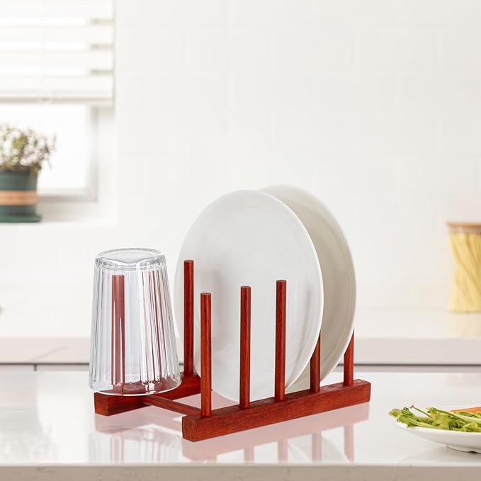 HBlife 4pcs Rosewood Wooden Dish Drying Rack - Home and Kitchen Organizer for Cups, Bowls, Pots, Lids, Cutting Boards & Plates Space-Saving for Cabinets Counters (4 Slots)