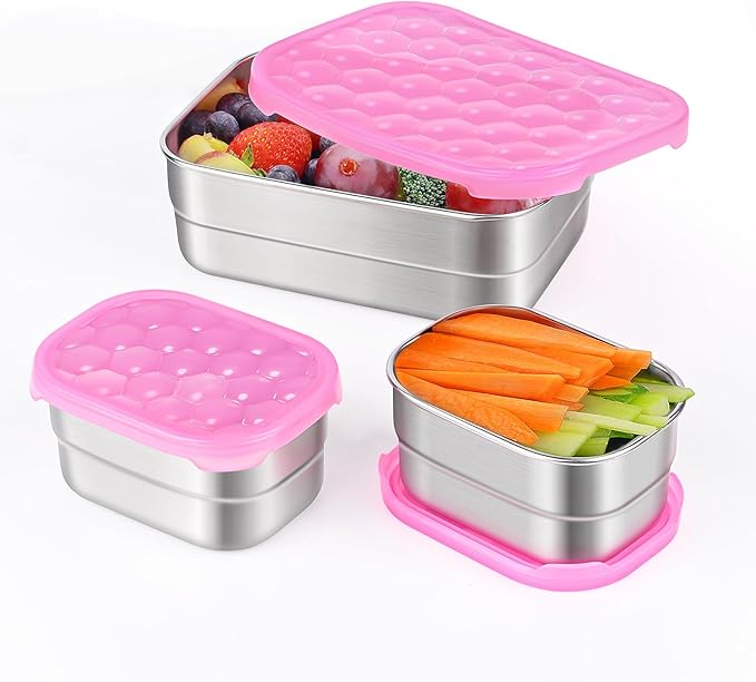 Tanjiae Small Stainless Steel Lunch Containers for Kids | Leak Proof BPA Free Snack Containers with Silicone Lids - Perfect Metal Snack Containers with Lids for School and Daycare (25oz+8oz*2)