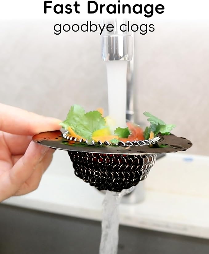 TRAPMATE Sink Drain Strainer, Reversible Chain Mesh Kitchen Sink Drain Strainer, Easy Clean 304 Stainless Steel Sink Strainer for Food Catcher Garbage Disposal, Black