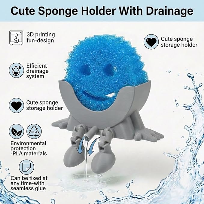 Creative Hanging Sponge Holder with Drainage/Traceless Glue, 3D Printing Countertop Funny Sponge Holders for Kitchen Sink, Keeps Your Sponge Dry & Smiling, for Scrub Daddy Holder (1, Grey)