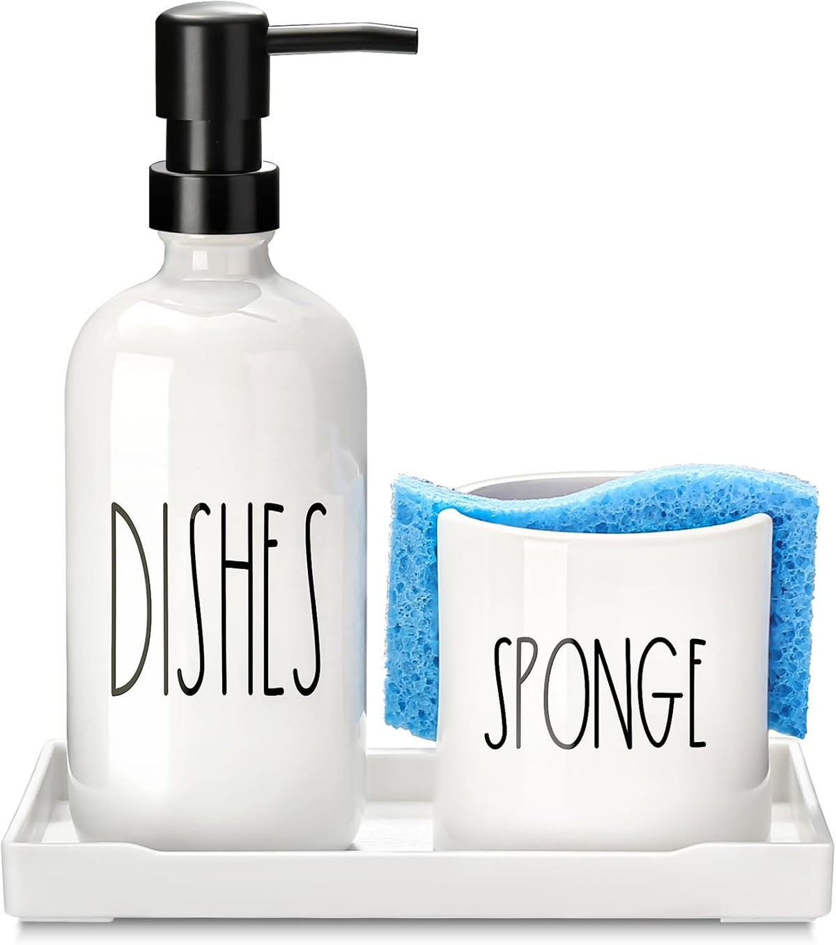 Dish Soap Dispenser for Kitchen, Ceramic Dish Soap Dispenser with Sponge Holder, White Dispenser Set with Tray, 3 in 1 Countertop Sink Organizer, Farmhouse Modern Kitchen Decor