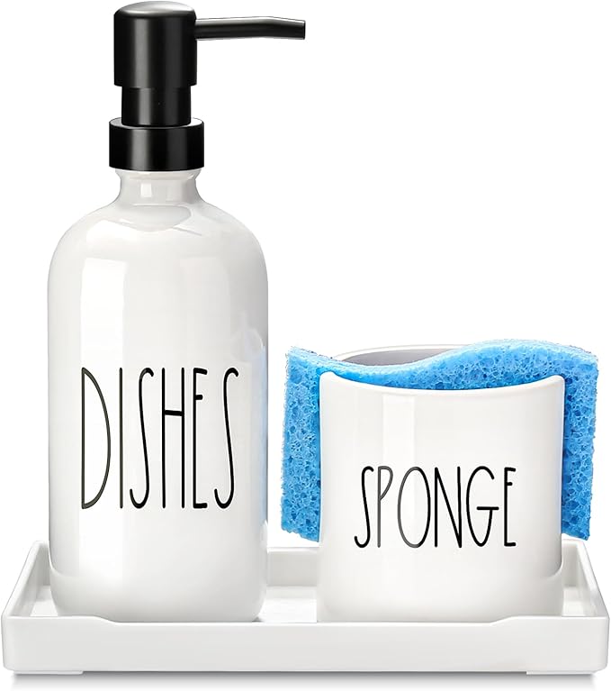 Dish Soap Dispenser for Kitchen, Ceramic Dish Soap Dispenser with Sponge Holder, White Dispenser Set with Tray, 3 in 1 Countertop Sink Organizer, Farmhouse Modern Kitchen Decor