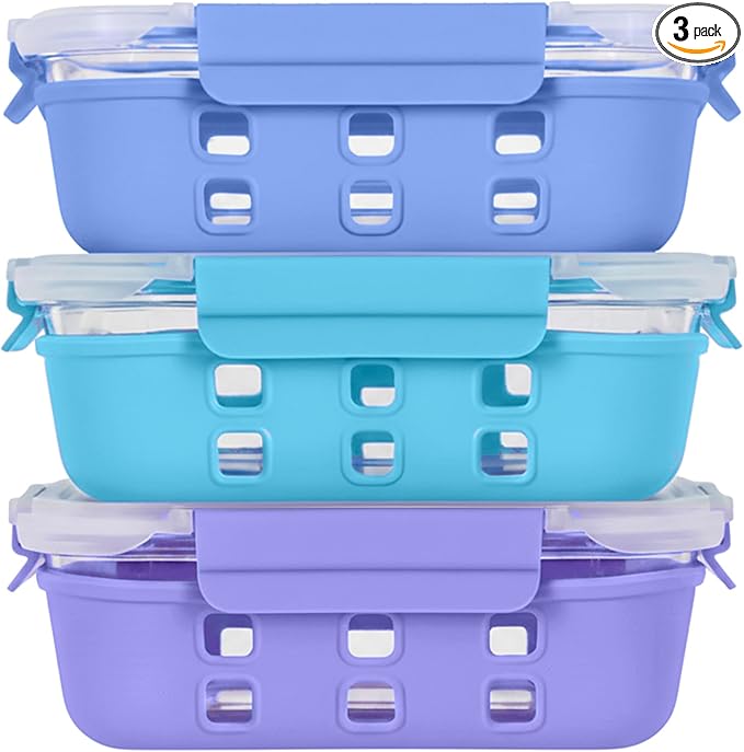 ECOBERI Glass Meal Prep Containers with Silicone Sleeves, 3 Piece 4.5 Cup Set, Borosilicate Glass Food Storage with Leak-Resistant Lids, Oven, Microwave, Freezer and Dishwasher Safe