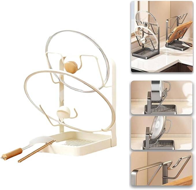 Kitchen Pot Lid Storage Rack, Pot Lid Holder for Countertop, Pot Lid Organizer Rack with Tray, Lid And Spoon Rest, Multifunctional Stand for Stove Top Kitchen Accessories (Beige, Double-layer)
