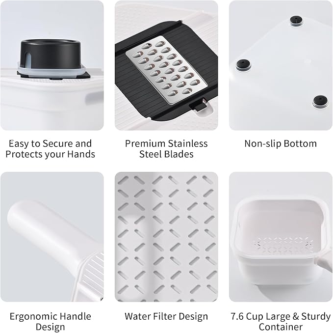 Vegetable Chopper, 3 Blade Veggie Chopper with 7.6 Cup Container, Mandoline Slicer Fruit Cutter with Strainer Basket & Safety Holder, BPA & PFAS Free Food Chopper for Onion Potato Carrot