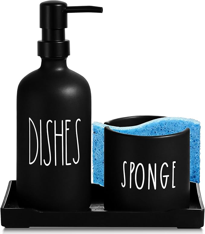 Dish Soap Dispenser for Kitchen, Glass Dish Soap Dispenser with Sponge Holder, Black Dispenser Set with Tray, 3 in 1 Countertop Sink Organizer, Farmhouse Kitchen Decor