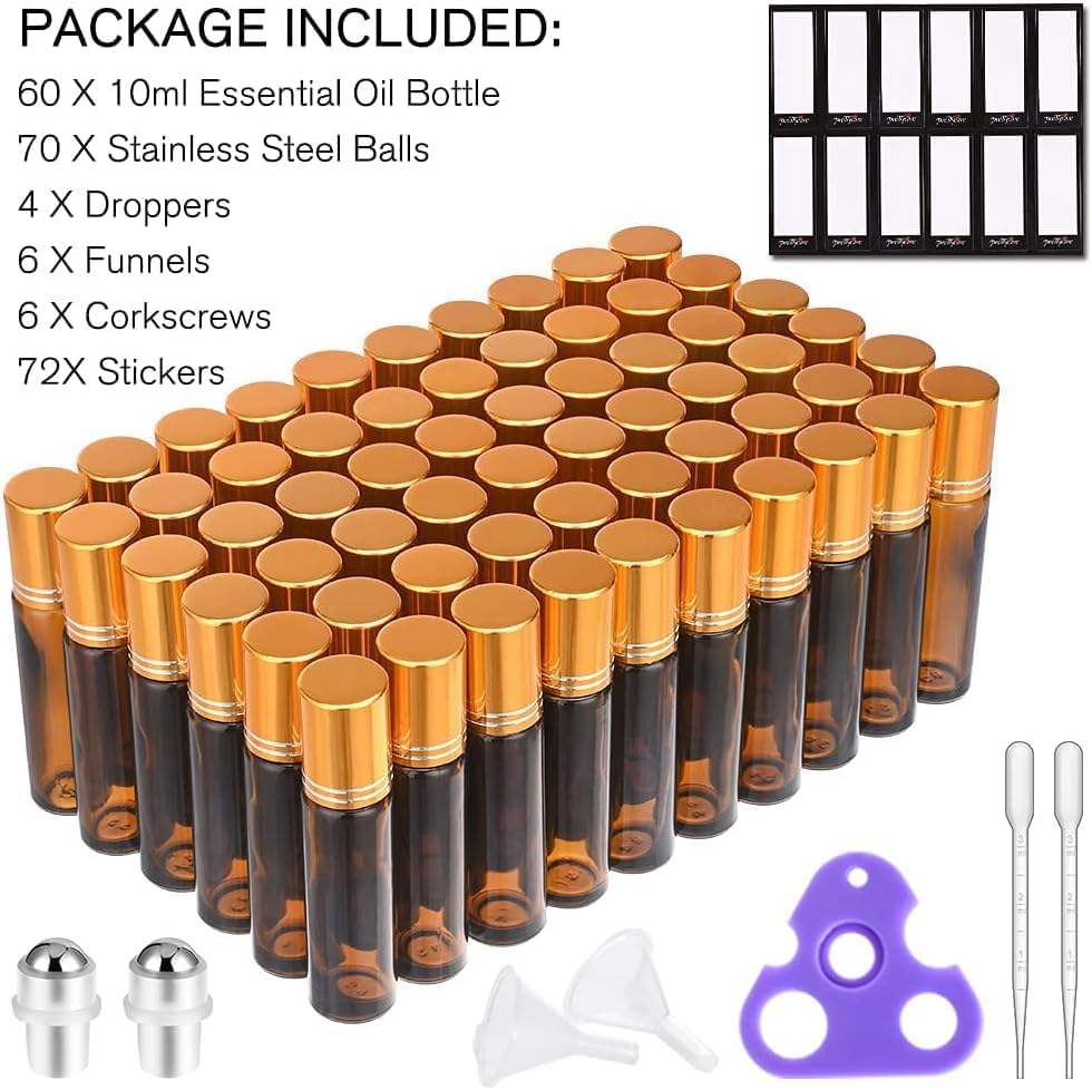 PrettyCare 60 Pack, 10 ml Essential Oil Roller Bottles with Stainless Steel Roller Ball - Bulk Refillable Leak-proof Empty Thick Amber Glass Roll on Bottles with Metal Caps for Travel, Perfume - Image 6
