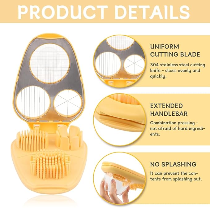 3 in 1 Boiled Egg Slicer, Manual Egg Slicer for Hard Boiled Eggs, 3 Slice Modes Chopper Cutter Stainless Steel Dicer, Kitchen Gadget for Butter Strawberry Tomato, Labor Saving (Yellow)
