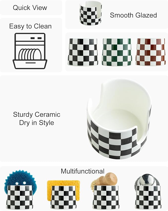 Zoeeker Checkered Kitchen Sink Sponge Holder, Dish Sponge Rack Ceramic Brush Holder Farmhouse Kitchen Drying Rack for Brush, Scrubbers, Bathroom, Sink, Black and White