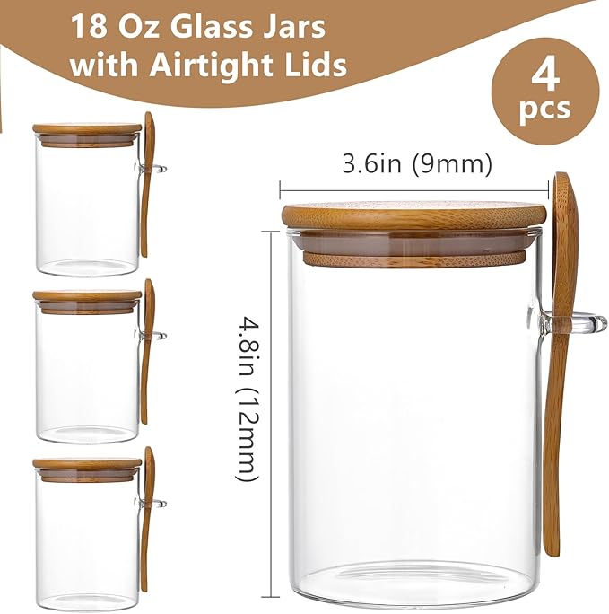 Overnight Oats Containers with Lids and Spoon [Thickened Version], Glass Jars with Bamboo Lids, 4 Pack 18 ozOatmeal and Salad Meal Prep Containers,Chia Seed Pudding Jars