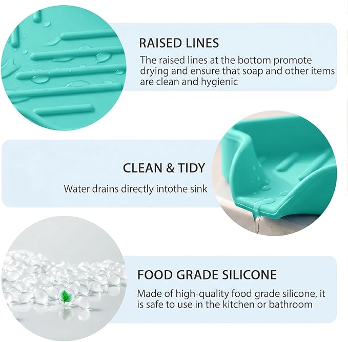 MicoYang Silicone Soap Dish with Drain Spout, Self-Draining Sink Organizer Tray for Bathroom and Kitchen, Sponges, Dispensers and Soap Holder, Non-Slip and Dishwasher Safe, Mint (Compact, 4.9"×3.2")