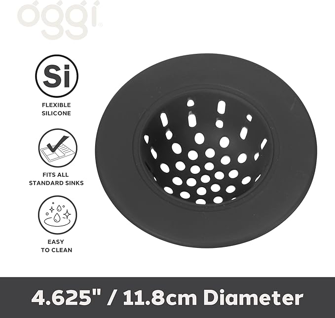 OGGI Silicone Sink Strainer- Great Kitchen Sink Strainer, Sink Drain Strainer, Drain Stopper, Sink Plug, 4.6˝ Diameter Rim, Black
