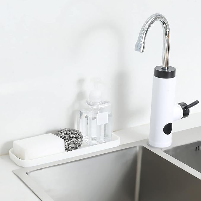 MicoYang Silicone Kitchen Sink Organizer Tray for Multiple Usage,Eco-Friendly Sponges Holder for Kitchen Bathroom Counter or Sink,Dish Soap Dispenser,Scrubber,Bottle,Cup (White, 12"×4")