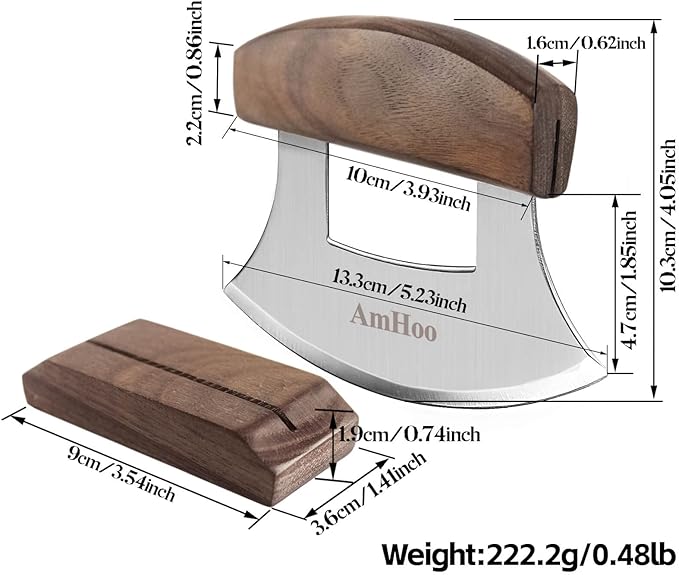 AmHoo Pizza Cutter Chef Mezzaluna Ulu Knife Handle Walnut Wood Grip Sharp Rocker Slicer Stainless Steel Blade Salad Onion Vegetable Chopper with Holder Base Christmas Gifts