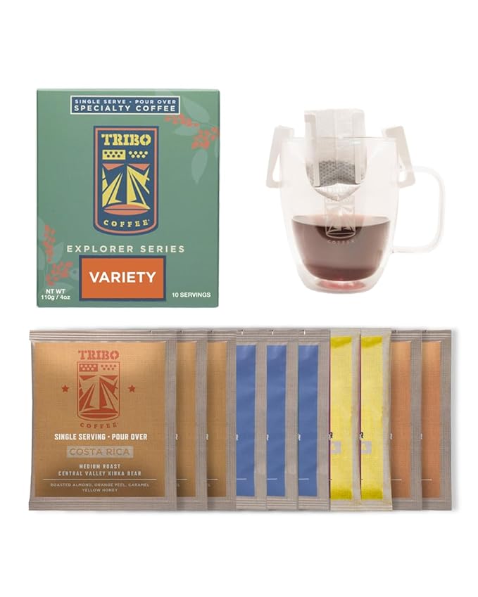 Tribo Coffee Single-Serve Portable Pour Over Drip Coffee - Explorer Variety - 10 Servings (Light - Medium Roast)
