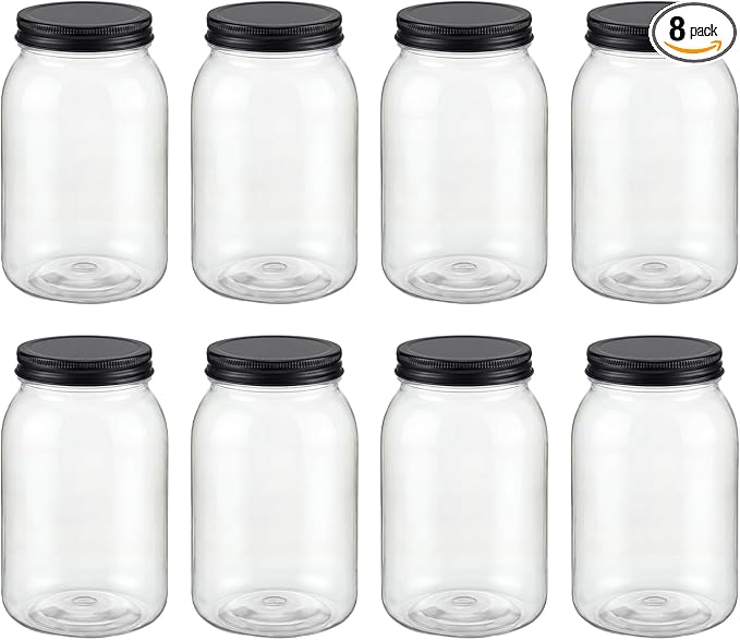 novelinks 32 oz Mason Jars with Plastic Lids, 8 Pack Large Plastic Salad Jars with Lids 32oz, Reusable Spice Containers & Kitchen Jars for Pantry Organization (8 Pack,Black)