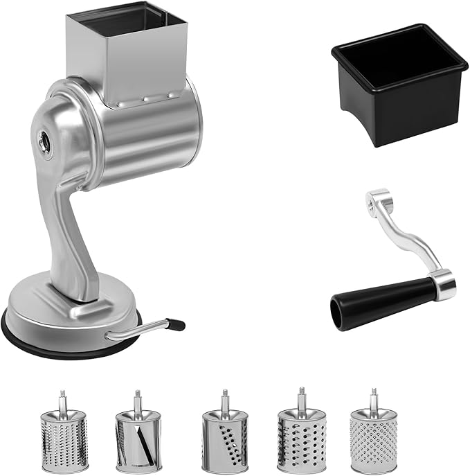 5-in-1 Stainless Steel Rotary Cheese Grater & Vegetable Slicer with 5 Interchangeable Blades, Countertop Cheese Grater Manual Kitchen Shredder Round Food Chopper for Fruit, Vegetables, Nuts and More