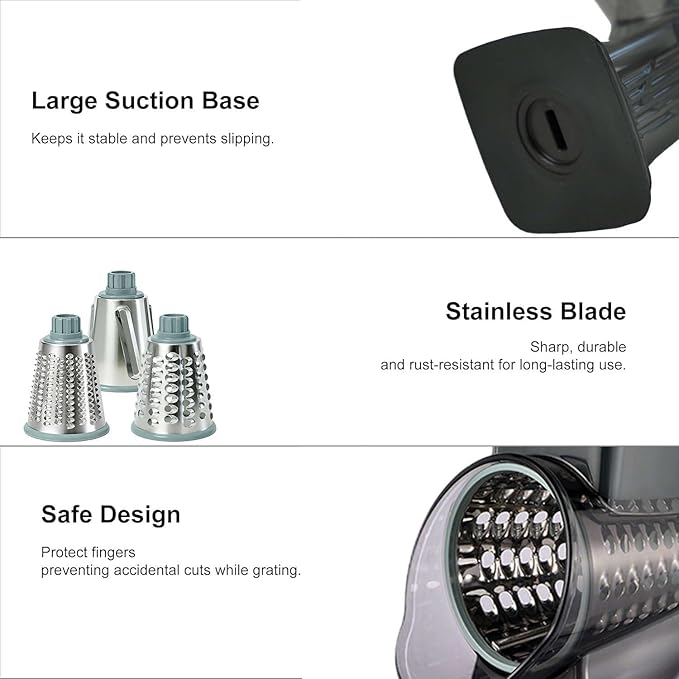3-in-1 Manual Rotary Cheese Grater & Vegetable Slicer, Round Mandoline Food Chopper with 3 Interchangeable Blades, Strong Suction Base Hand Crank Grater for Cheese, Potato, Nuts & Veggies