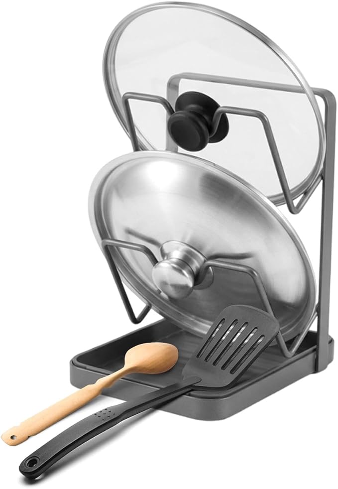 2-Tier Pot Lid Holder for Stove Top, Heavy Duty Carbon Steel Pot Lid Organizer with Detachable Drip Tray & Spoon Rest, Multifunctional Kitchen Rack for Countertop (Gray)