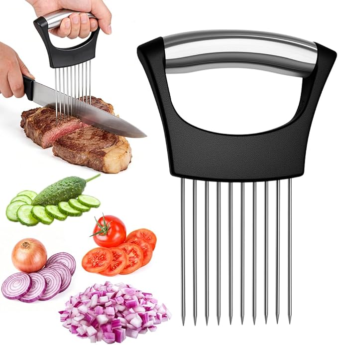 Onion Holder for Slicing, Stainless Steel Onion Slice Holder, Lemon Slicer Vegetable Cutter, Chopper Slicing Assistant for Meat, Onion, Potato, Tomato - Kitchen Tool (1 Piece)