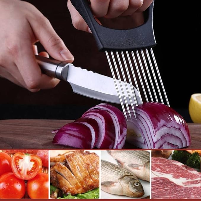 Stainless Steel Onion Holder, Fruits Veg Meat Tomato Cutter, Slicer Peeler Chopper with 10 Prongs Handy, Kitchen Gadgets Safety Cooking Tools