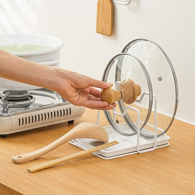 Poeland Pot Lid Holder, 2 Layers Pot Lids Organizer Multifunctional Lid and Spoon Rest Rack with Drip Tray for Lids, Spatulas, Spoons, Cutting Boards