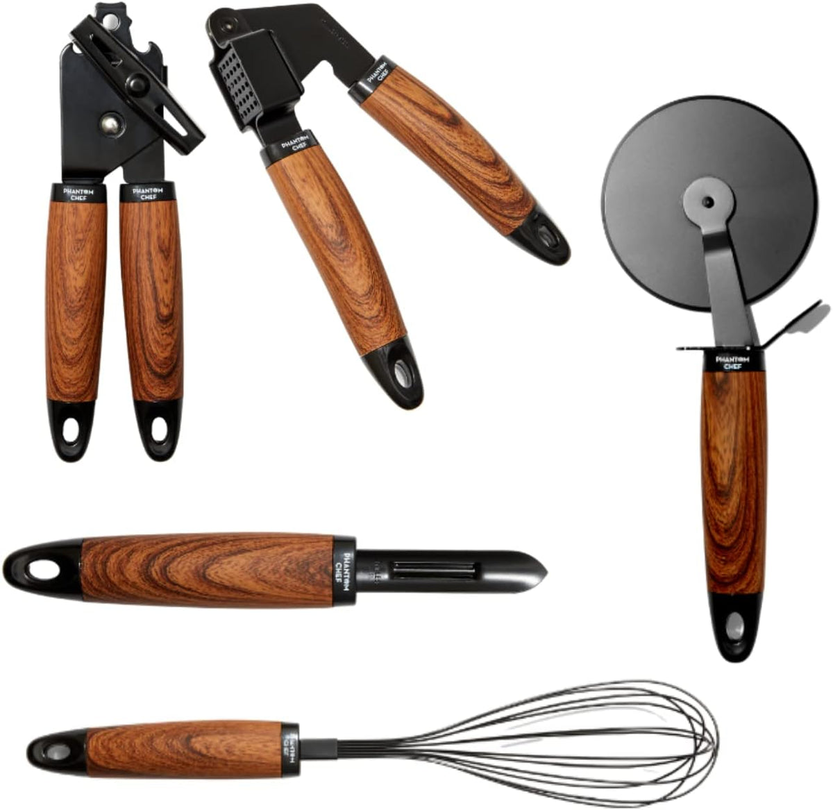 5 Piece Kitchen Gadget Set | Pizza Cutter, Egg Whisk, Vegetable Peeler, Can Opener, Garlic Press | Stainless Steel | With Soft Touch Faux Wood Handle | 5 Pcs Cooking Utensil Set (Black)