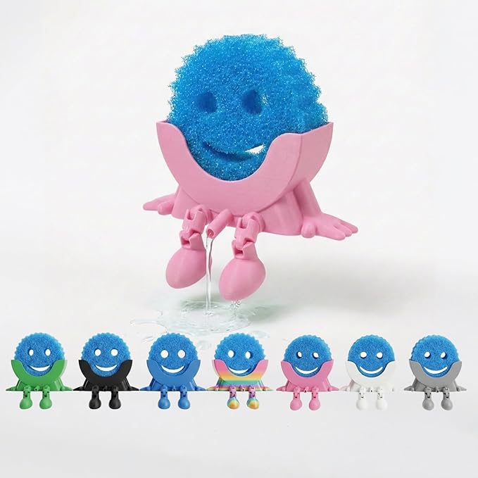 Creative Hanging Sponge Holder with Drainage/Traceless Glue, 3D Printing Countertop Funny Sponge Holders for Kitchen Sink, Keeps Your Sponge Dry & Smiling, for Scrub Daddy Holder (1, Pink)