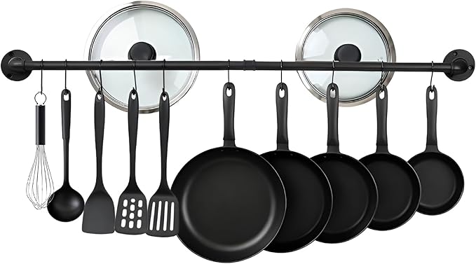 38 inch Pipe Hanging Rail for Pots, Pans, Lids, Kitchen Utensils, Wall Mounted Rail Rack Pipe Bar with 10 S Hooks Indutrial Style, Black