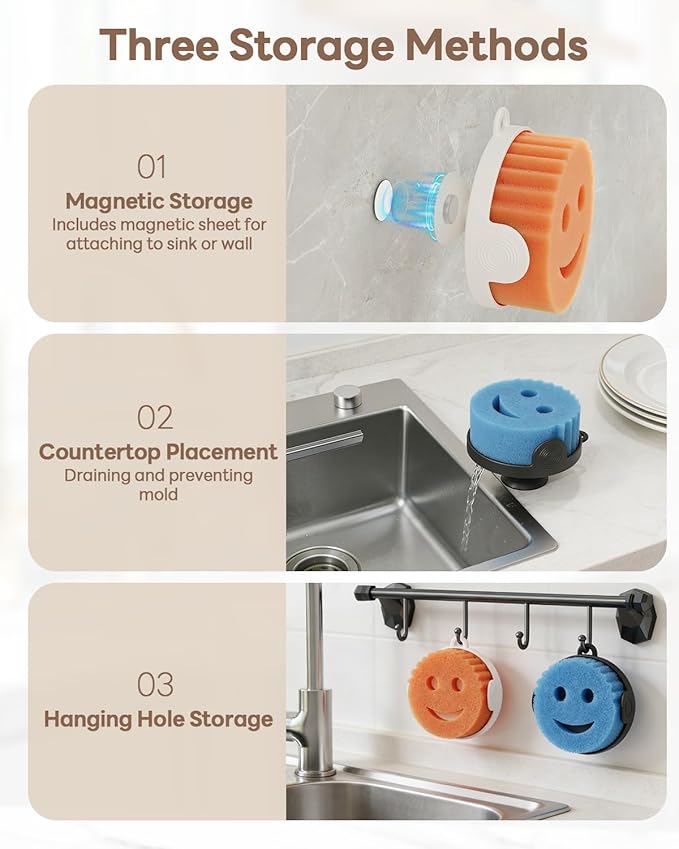 Sponge Holder for Kitchen Sink, Food-Grade Silicone Sponge Caddy with Strong Magnet, 3-in-1 Self-Draining Sink Organizer, Fast Drying & Space Saving, Cream White